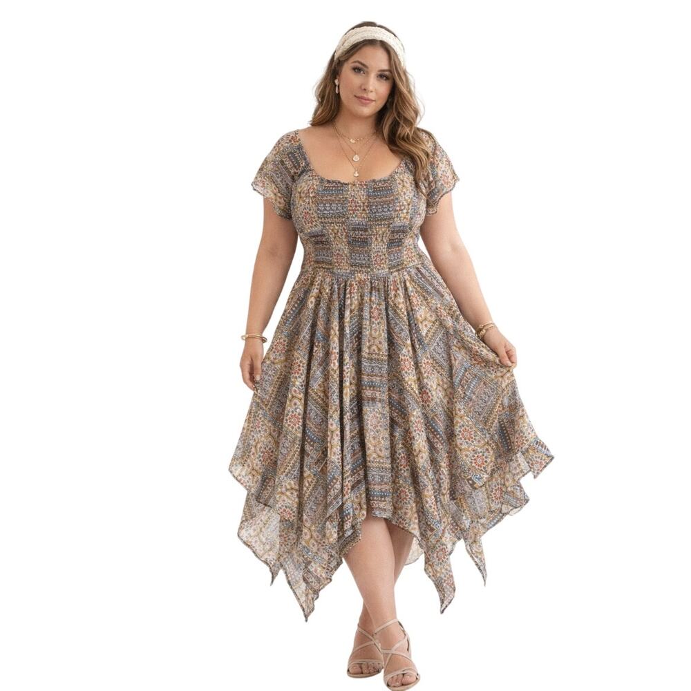 Shore Drive  Patchwork Maxi Dress Scarf Hemline Smocked Short Sleeve 1X Boho